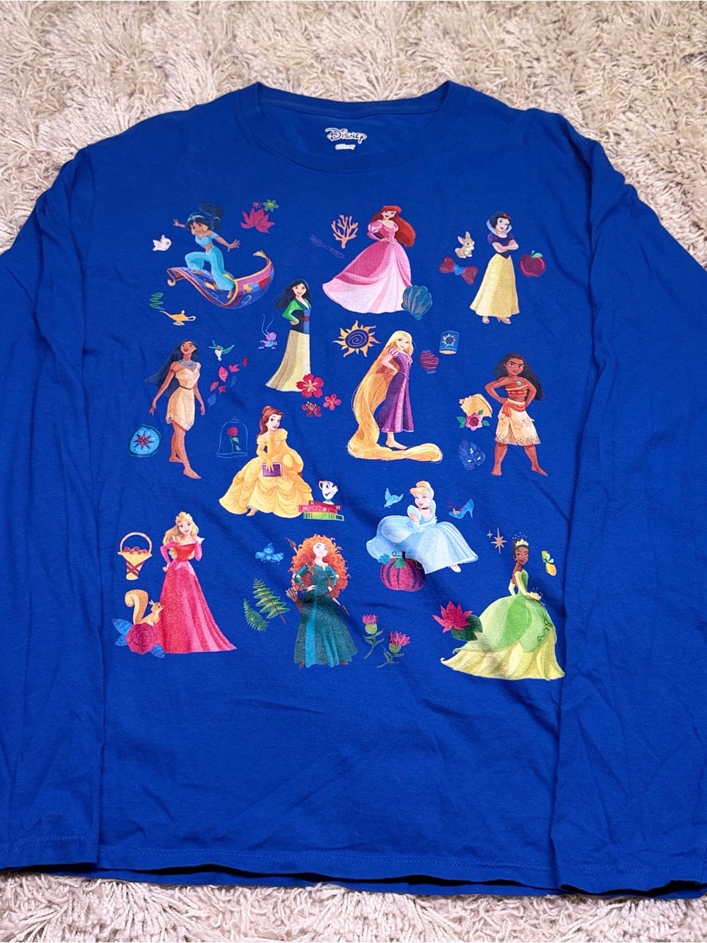 Disney Princess Blue Long Sleeve Graphic Shirt Ariel Belle Moana Size Unknown